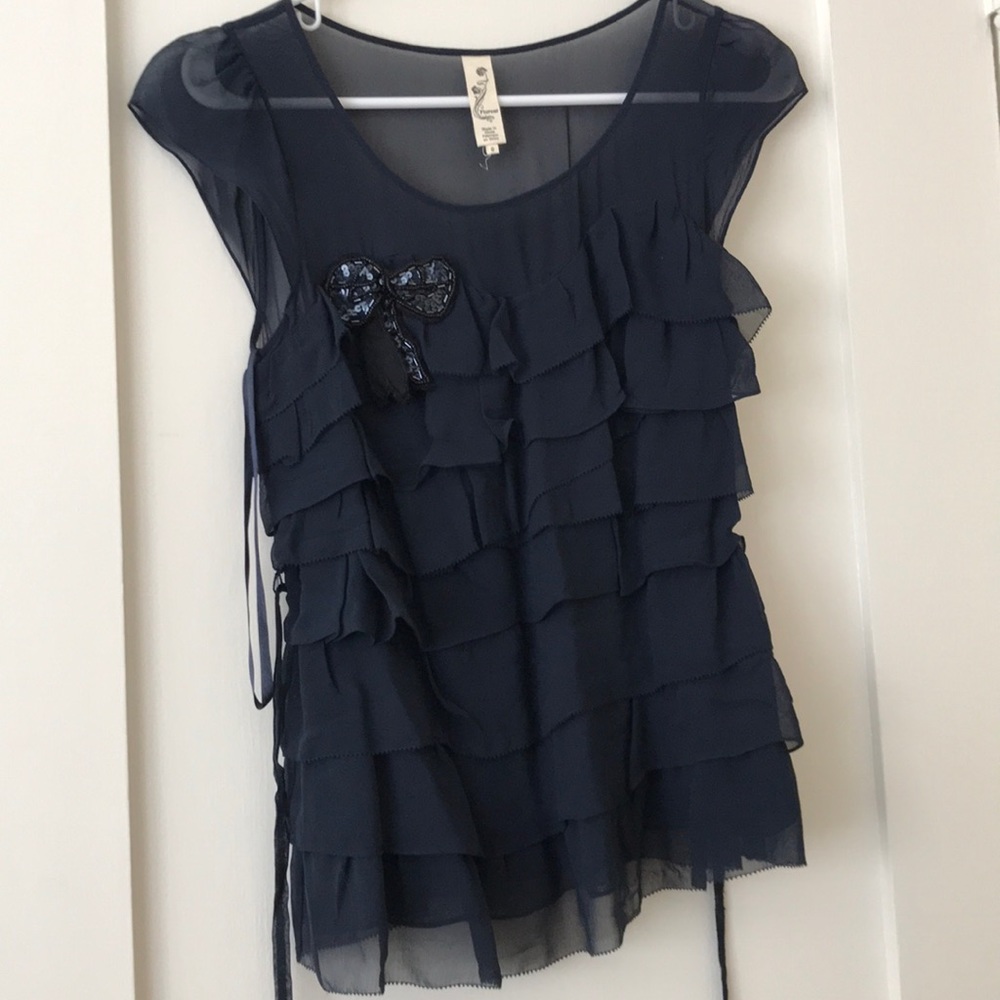 Anthropologie navy blouse sequin appliqué